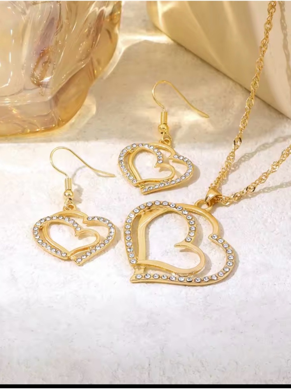 Gold Doubled Heart Accent with Rhinestones Pendant Necklace & Earring Set
